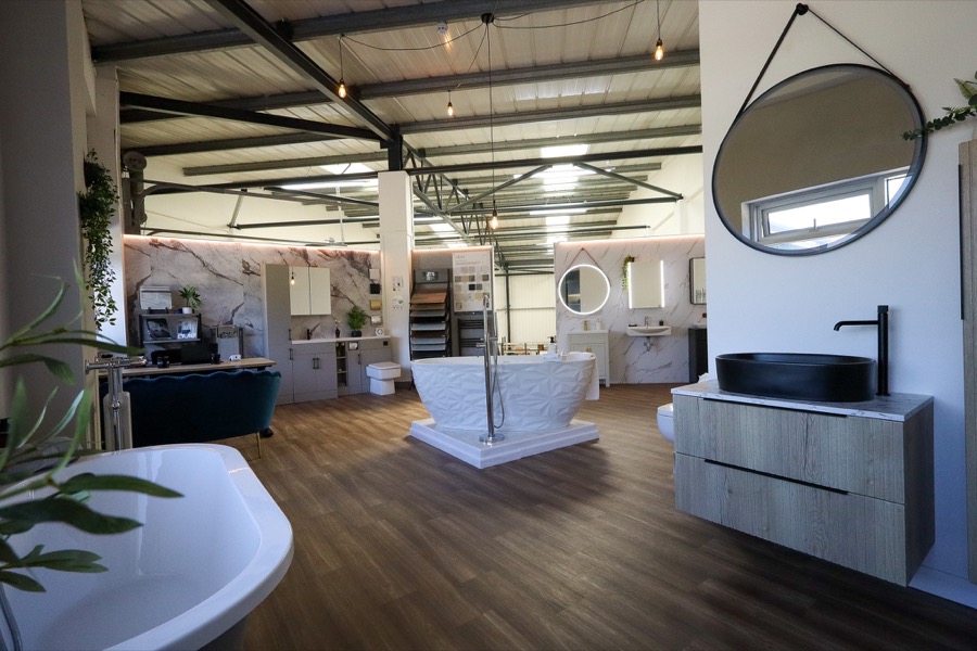 Wide bathroom showroom view inside JTS in Middleton